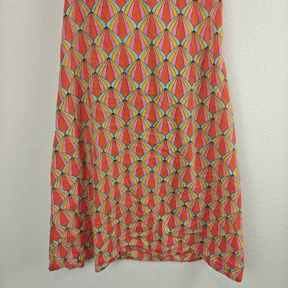 Kalimera Scalloped Geometric Cotton V-Neck Open Back Dress S/M Chic Summer Midi - Picture 3 of 16